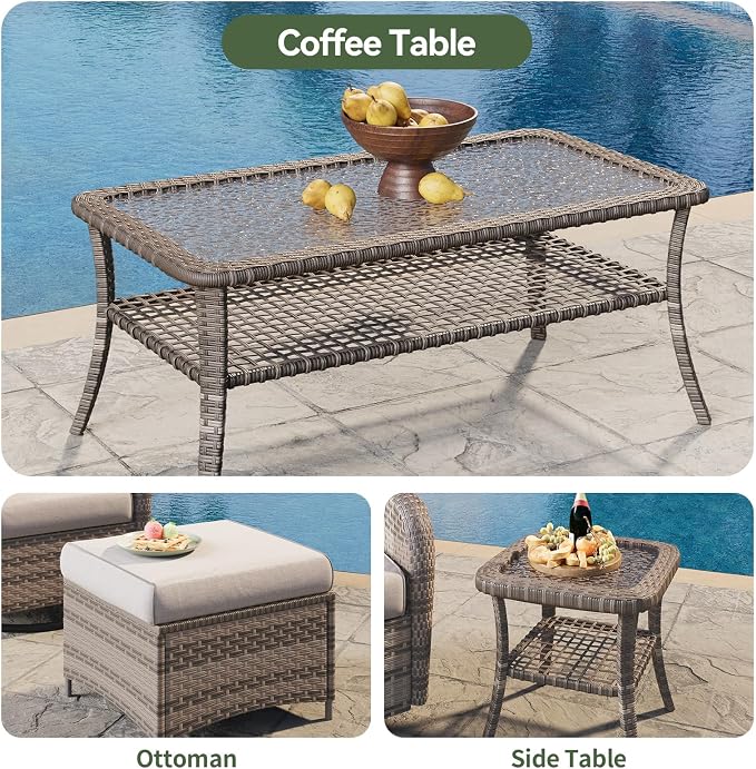 Aoxun 7-Piece Patio Furniture Set with Thick Cushions, Wicker Outdoor Sectional Sofa with High Back Swivel Rocker Chairs, Outdoor Patio Furniture Set with Coffee Table & Ottoman, Grey
