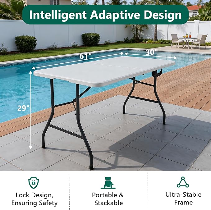 Folding Table, 6ft Portable Foldable Table Picnic Table Plastic Table for Party, White
