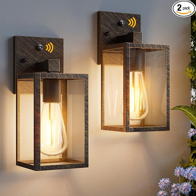 2 Pack Black Brush Gold Dusk to Dawn Exterior Lighting Fixtures Wall Mount, Sensor Outside Front Porch Lights for House, Outdoor Lantern Lamp, Wall Sconce Lights, Coach Light for Garage Entryway