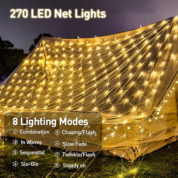 Leisure world 10ft x 10ft 270 LED Net Lights Mesh Fairy String Decorative Outdoor Warm White 8 Modes Net with Remote, Timer for Wedding Christmas Trees, Bushes, Garden, Outdoor Decorations