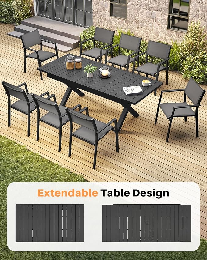 Expandable Outdoor Dining Table for 8, Never-Rust Aluminum Patio Dining Table, 63''-83'' X-Shaped Extendable Dining Table with Umbrella Hole for Garden Deck Indoor or Outdoor Meals, Black