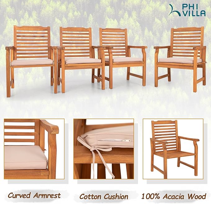 PHI VILLA 9 Pieces Acacia Wood Patio Dining Set for 8, Expandable Teak Dining Table & Wooden Chairs with Cushions, Farmhouse Dining Furniture Set for Outdoor Deck, Yard, Porch