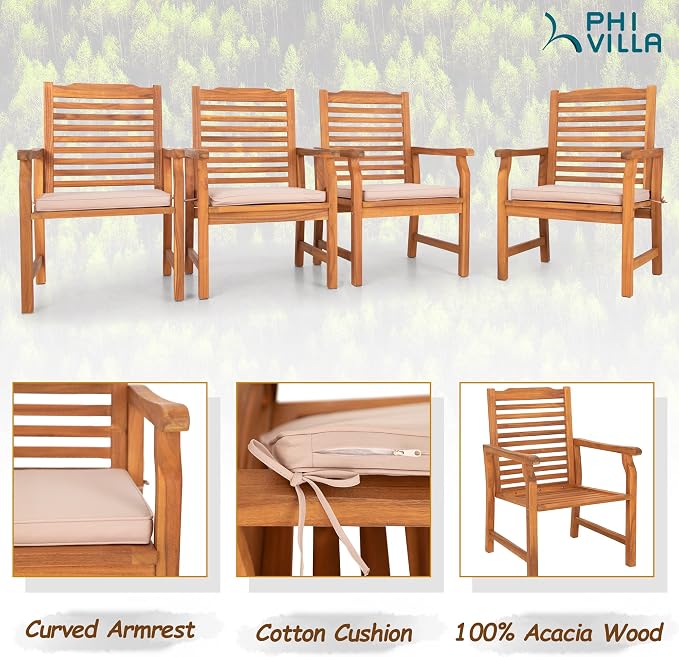 PHI VILLA 7pc Outdoor Dining Set, Expandable Wood Table w/Umbrella Hole | Acacia wood teak patio furniture set for 6. Perfect for patio, deck, porch, backyard. Chairs with cushions.