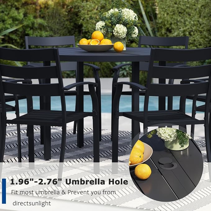 9 Pieces Outdoor Dining Set for 8, 60" Black Metal Round Outdoor Dining Table and 8 Black Metal Stackable Patio Chairs with Arm, Patio Table and Chairs Set for Lawn Garden Backyard