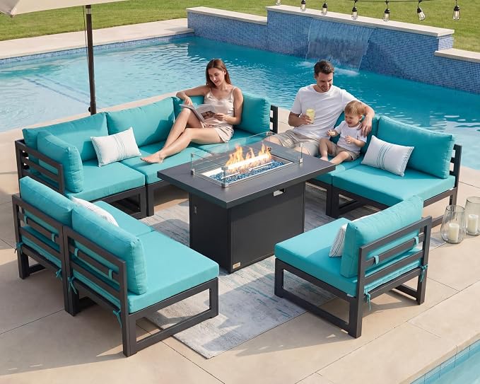 NICESOUL 9 Piece Modern Aluminum Patio Furniture Set with Fire Pit Table, 500 lbs Heavy Duty Outdoor Sectional Sofa, 29" Deep Wide Oversized Seating L Shaped Conversation Couch for Garden, Turquoise