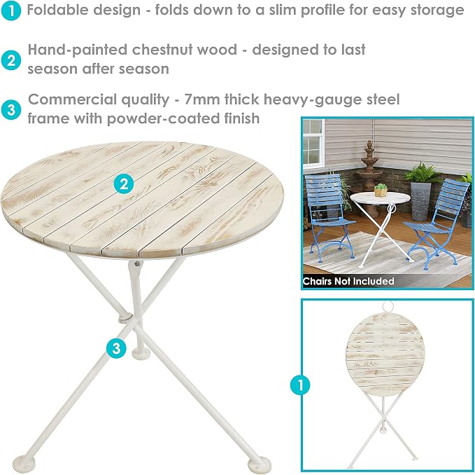 Sunnydaze French Country Wood Round Bistro Table - Portable White Folding Table for Indoor or Outdoor Use - 28" Round