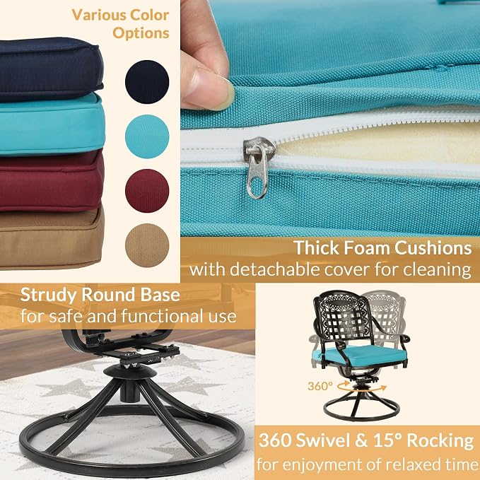 9 Piece Outdoor Patio Dining Set for 8, Cast Aluminium Large Square Dining Table & 4 Swivel Rocker Chairs, 4 Stationary, 8 Cushions, Umbrella Hole, Patio Furniture Set for Garden, Ocean Blue