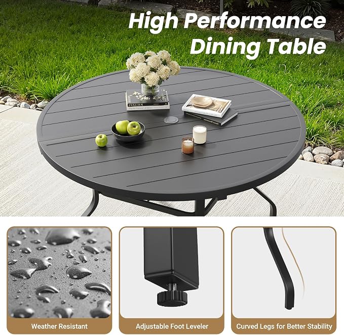 Soohow Round Outdoor Patio Dining Table, 47" Round Patio Table with 1.57" Umbrella Hole, Metal Outdoor Dining Tables for Patio, Graden, Backyard and Poolside
