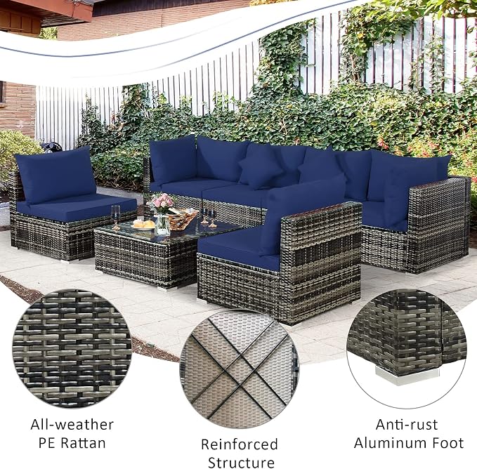 Tangkula 7 Pieces Wicker Patio Furniture Set, All-Weather Outdoor Rattan Sectional Sofa Set with Cushions & Tempered Glass Coffee Table, Outside Sofa Set for Garden, Lawn, Deck, Backyard (Navy)