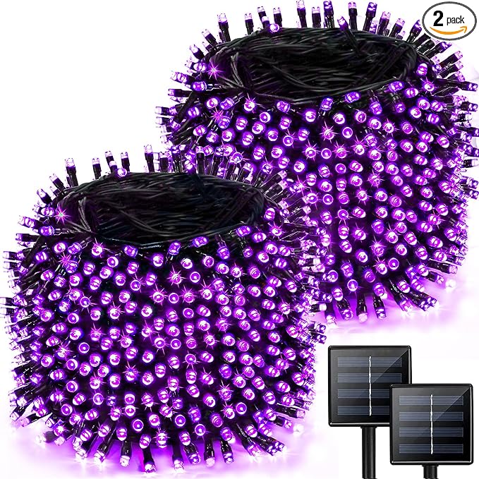 Solar Halloween Lights Outdoor 2 Pack 480 LED Solar String Lights Purple | 170FT, 8 Modes, Auto On/Off, Memory Function, Waterproof Solar Twinkle Lights for Outside Garden Party Graveyard Horror Decor