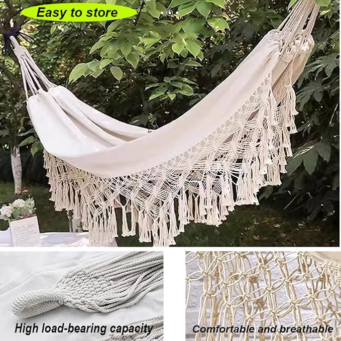 Camping Hammock with Tassels, Portable Canvas Double Hammock with Tree Straps, 108x59in Heavy Duty 330 lbs for Backyard Outdoor Beach Patio White