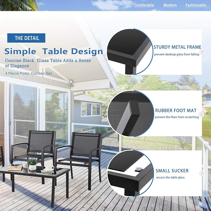 Vongrasig 4 Pieces Patio Furniture Sets,Outdoor Patio Conversation Sets with Glass Coffee Table, Small Porch Balcony Furniture, Patio Table and Chairs Set for Garden, Backyard (Black)