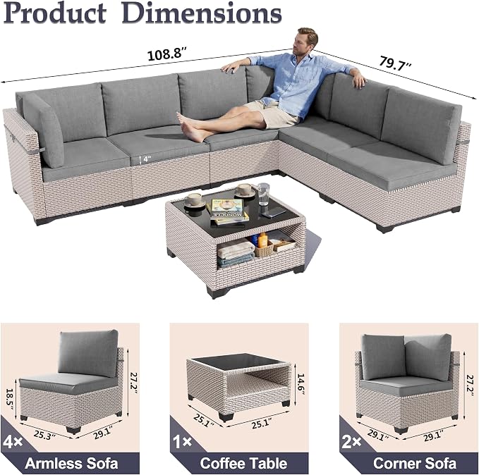 Patio Furniture Set, 7-Piece Outdoor Sectional Sofa with 2-Layer Glass Coffee Table, Wicker Patio Conversation Set with Gray Cushions for Backyard, Poolside, Porch