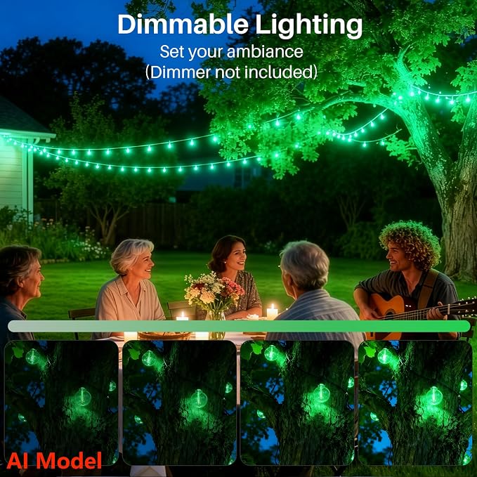 25 FT Green Outdoor String Lights,13 Plastic Edison Bulbs, E12 Base | G40 globe shatterproof bulbs, IP65 waterproof, dimmable LED, for backyard porch balcony party decor