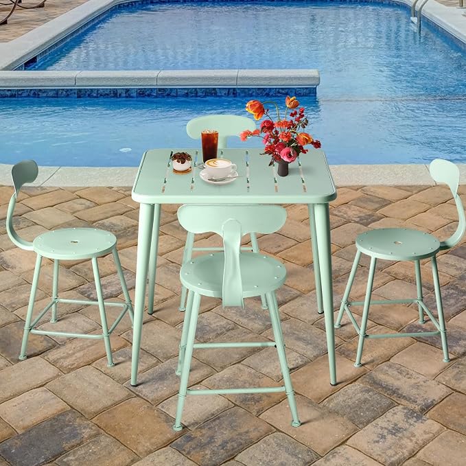 Modern Square Metal Patio Dining Table for 4 People for Outdoor&Indoor Home Cafe Bar Table Office Computer Meeting Desk Lawn Backyard Balcony 27.5" Lx27.5 Wx30 H (Pea Green)
