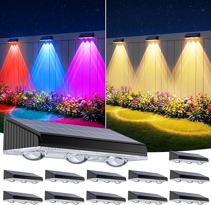 Solar Fence Lights Outdoor 12 Pack, Upgraded Brightness 3X LED Lens Fence Lights Solar Powered, 9 Fixed Colors & RGB Lights, IP65 Waterproof Solar Lights for Outside Backyard/Railing/Step/Patio