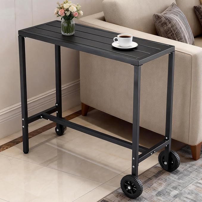 Takywep Weatherproof Steel Outdoor Bar Table, 39 Inch Counter Height Patio Dining Table with Wheels and Adjustable Leveling Feet, Portable Rolling Pub Table for Kitchen Island, Home Bar, Balcony