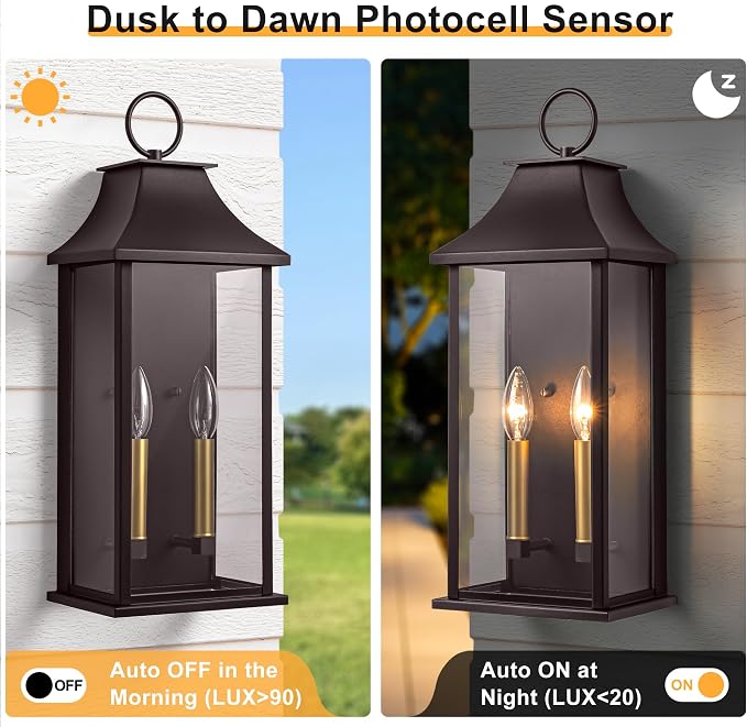 Oil Rubbed Bronze 20.6" Outdoor Wall Light, Aluminium | Dusk to Dawn, Large Outside Wall Sconce, Modern Exterior Wall Lantern with Glass, Waterproof, For House, Porch