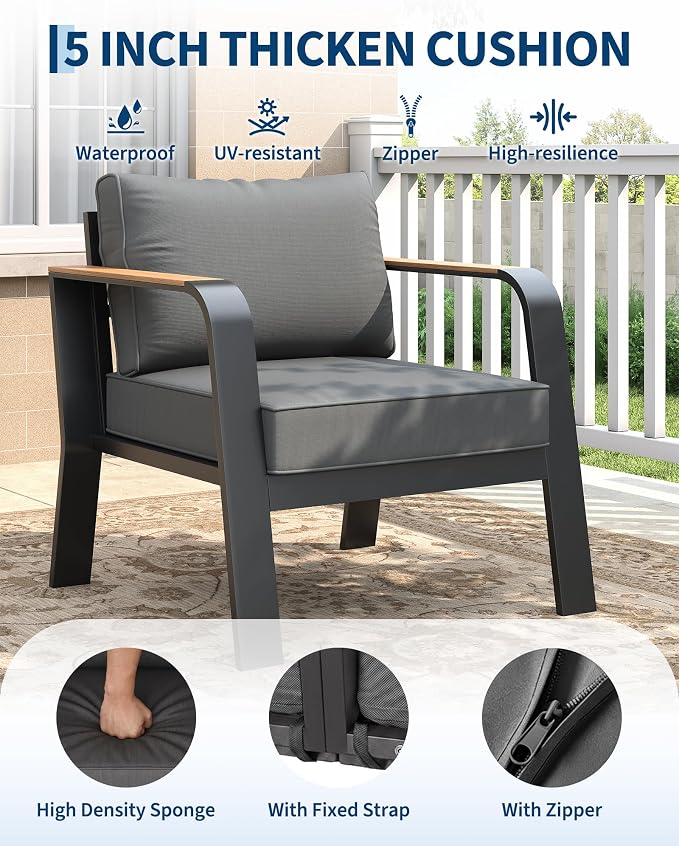 Garvee Aluminum Outdoor Patio Furniture 2 Pcs Single Cushioned Sofa Armchair All-Weather Metal Outside Furniture with Washable Thick Cushion Outdoor Sofa for Garden Balcony Deck Backyard, Dark Grey