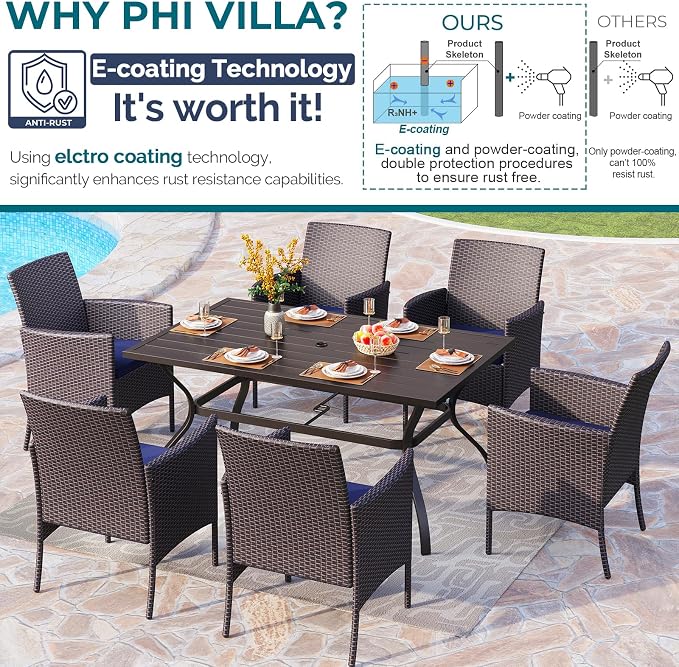 PHI VILLA 7pc Patio Dining Set w/Umbrella, Rectangular Table, Rattan Chairs | Outdoor Dining Set for 6, 60” Metal Table & 6 Cushioned Rattan Chairs with Beige Umbrella for Outdoor, Deck, Yard, Porch