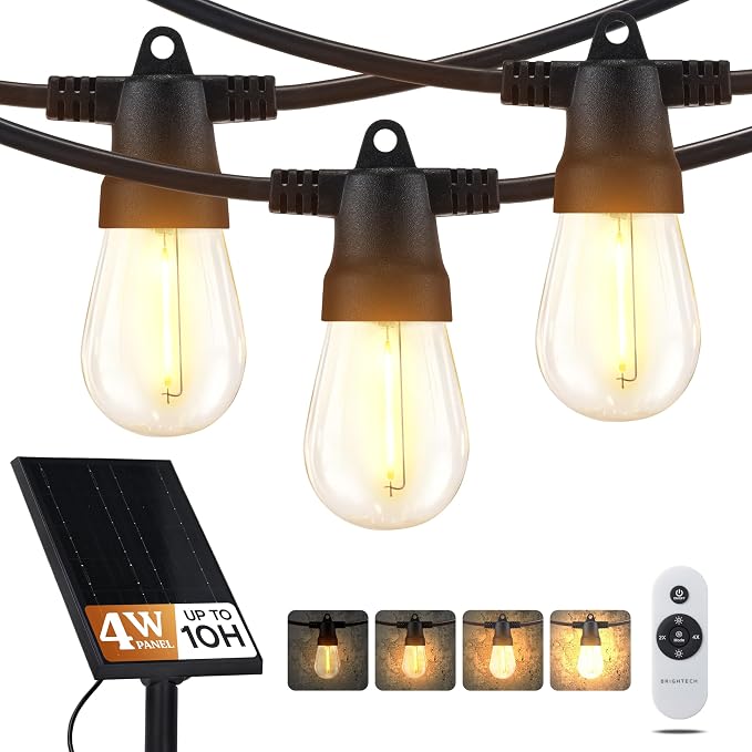 Brightech Ambience Pro Solar String Lights & Remote, Commercial Grade 48 ft | Dimmable Outdoor String Lights, Waterproof Patio Lights, 15 Shatterproof LED Edison Bulbs for Outside & Porch, 4W Soft White