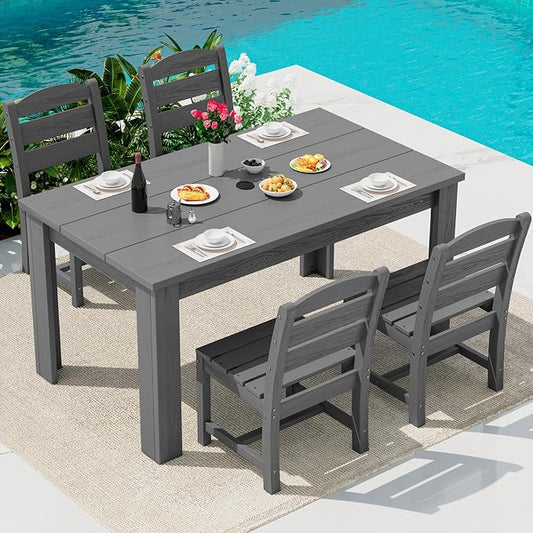 SERWALL 59" Outdoor Dining Set for 4, w/ 1 Table & 4 Armless Chairs, Gray | Armless Patio Dining Sets for All Weather Use