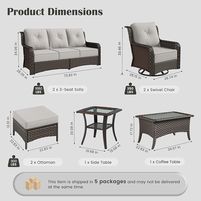 Sundale Outdoor 7 Piece Wicker Patio Furniture Set, High Back Outdoor Couch with Swivel Chairs, Ottoman & Coffee Table, 6" Thick Cushion Patio Conversation Sets with Deep Seating for Yard, Deck (Grey)