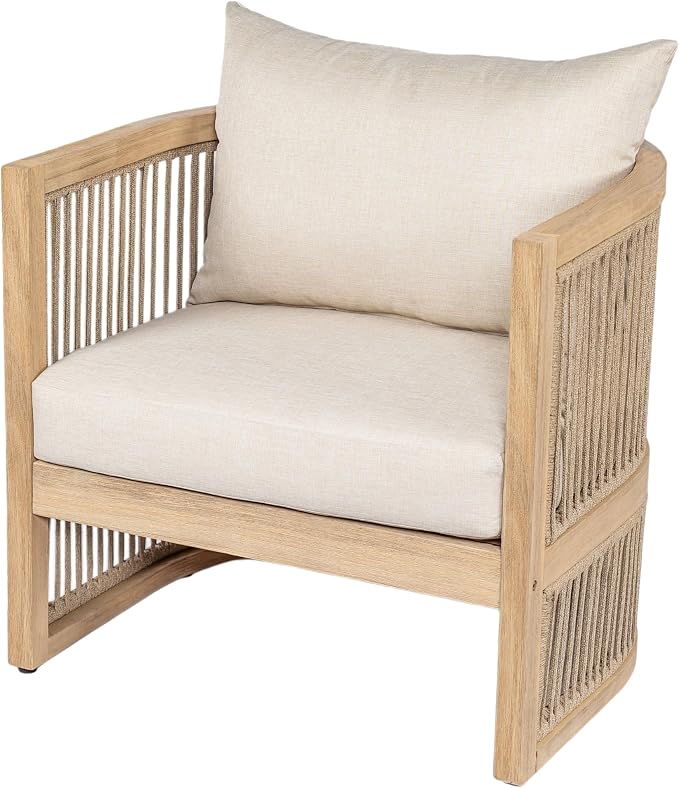 Christopher Knight Home 4-Piece Acacia Wood Patio Furniture Set, Mid-Century Modern Outdoor Conversation Set with Loveseat, Curved Club Chairs, Cushions & MgO Fire Pit for Backyard, Light Teak+White