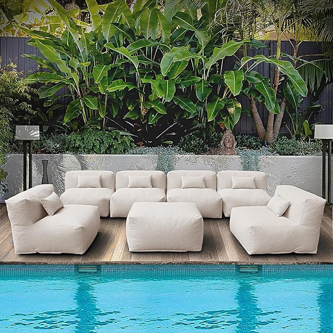ANNYH CALALUNA 7Pc Patio Garden Furniture Sectional Conversation Set.Combines 6 Middle Chairs 1 Ottoman/Coffee Table Outdoor Exp Foam Filled Chairs A Unique Modular Contemporary Sofa (Light Beige)