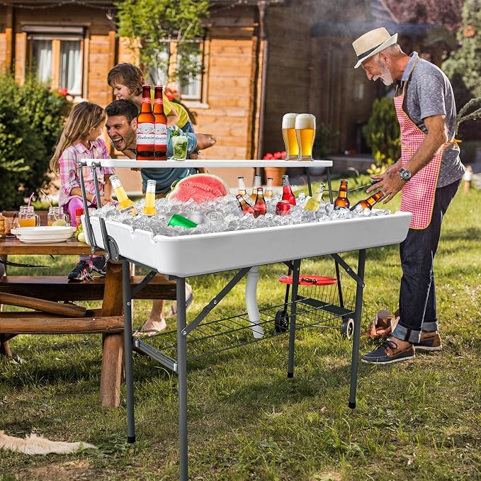 2 Tiers Portable Folding ice Cooler Table with Storage Rack & Drain Hose, Perfect Picnic Table for Camping, Beach, Backyard Parties, Weddings, Events, White
