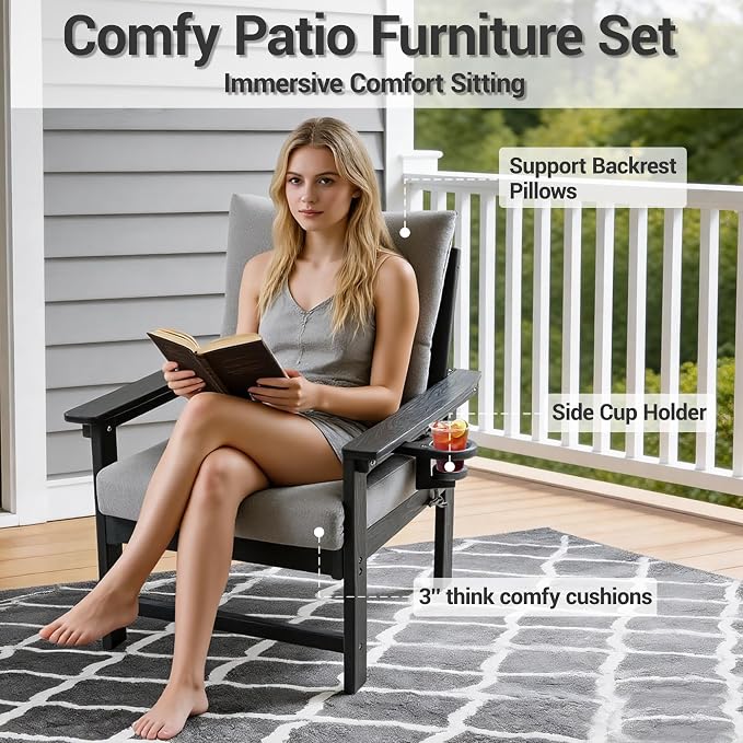 HDPE Outdoor Patio Furniture Set, 7 PCs All Weather Performance Patio Conversation Set w/Back and Seat Cushions, Free Combination Outdoor Furniture for Patio, Lawn, Poolside, Backyard, Grey