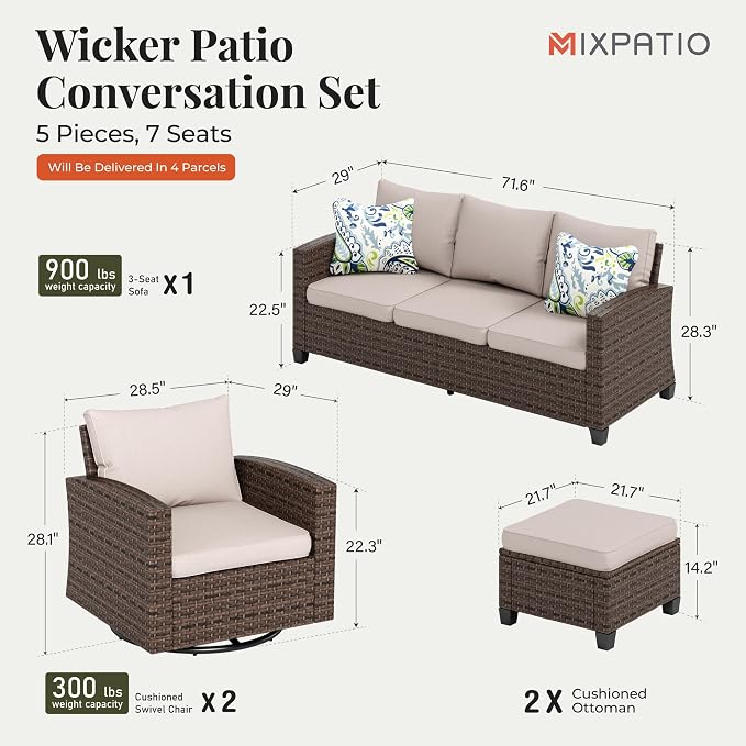 MIXPATIO Swivel Glider Patio Furniture Set, 5 Pcs Wicker Rattan Outdoor Conversation Set, 2 x Swivel Chairs, 1 x 3 Seater Sofa and 2 x Ottoman with 4" Thick Cushion, Beige