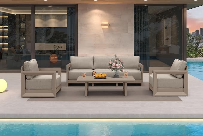 PURPLE LEAF Patio Furniture Set Open-End Outdoor Couch with 9.6" Thick Cushion and Soft Pillows 6 Piece Outdoor Sectional Sofas with Table Modern Outdoor Conversation Sets for Yard Porch Deck, Khaki