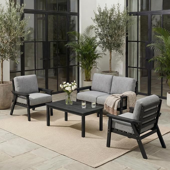 HDPE 5 Piece Patio Furniture Set, Outdoor Couch with Washable Thick Gray Cushions & Coffee Table, Outdoor Sectional Furniture for Backyard, Deck, Lawn, Porch (Black Frame)