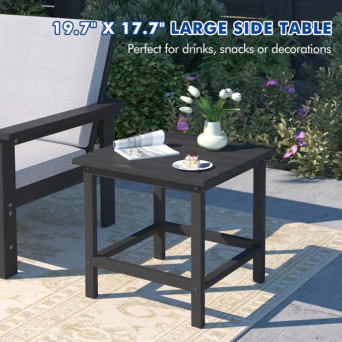 3-Piece HDPE Patio Furniture Set, All-Weather Outdoor Sectional Sofa Set with Side Table & Cushions - Wood-Like Composite Conversation Couch for Deck, Lawn, Balcony - Black Frame
