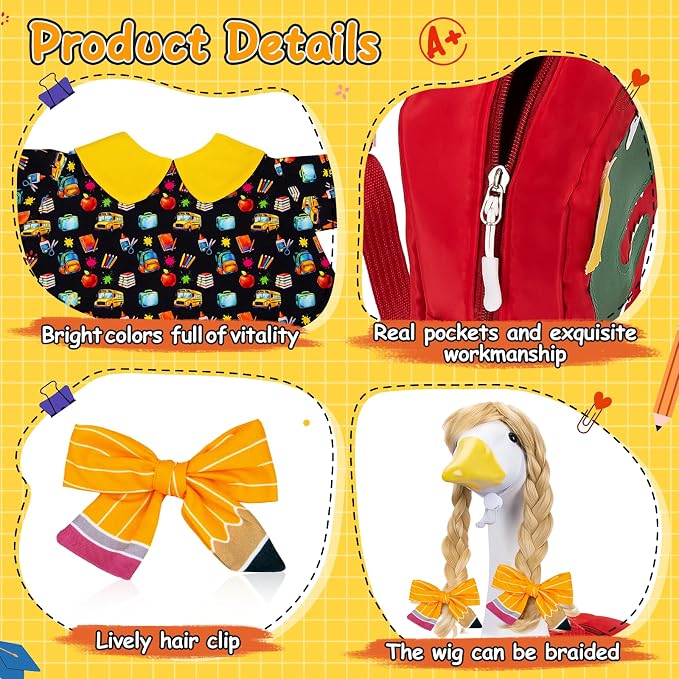 23" Back to School Porch Goose Outfit, Curly Wig (Statue not Included) | Complete 6 piece back to school goose set, Wavy unbraided wig + dress + pencil clips + inflatable pencil + red bag + tape