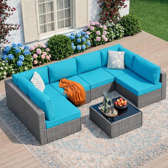 JAMFLY 7-Piece Outdoor Patio Furniture Set, Modular PE Rattan Sectional Sofa with Thick Cushions & Glass Coffee Table, Weather-Resistant Wicker Conversation Set for Poolside, Balcony, Garden, Blue