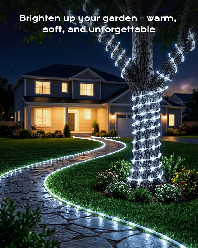 Brightown 2 Pack Total 78FT 200LED Pure White Solar Rope String Lights | IP65 waterproof solar fairy lights with 8 lighting modes, solar powered, perfect decor for yard, garden and outdoor tree
