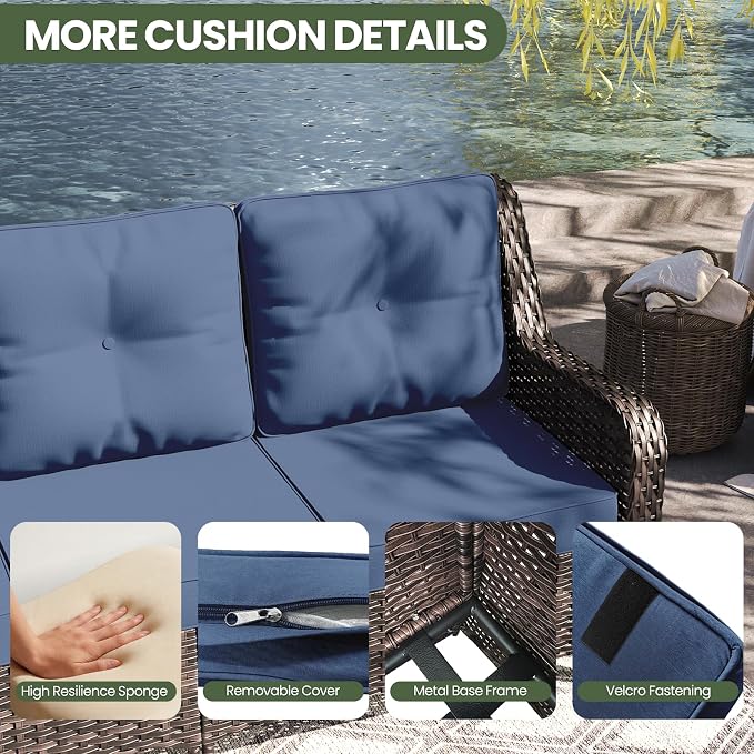ALAULM 7 Pieces Patio Furniture Set,High Back Wicker Outdoor Sectional Furniture Set with Swivel Chairs & Coffee Table, Patio Conversation Set Thick Cushion for Backyard, Deck, Porch-Navy