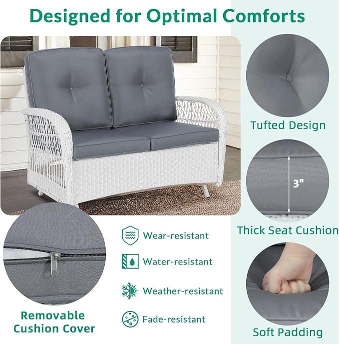 VIVIJASON 2-Piece Patio White Wicker Loveseat Glider Set Cushioned, Outdoor Conversation Furniture Sets with 2-Seater Glider Rocking Bench, Coffee Table and Cushions for Porch Garden Poolside, Grey