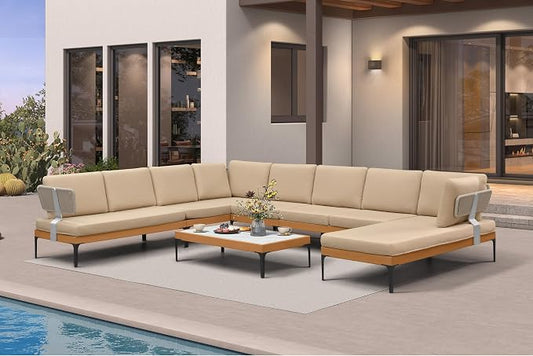 PURPLE LEAF Patio Furniture Set Outdoor Sectional Sofa with Coffee Table Fade-Resistant Cushions Wicker U-Shaped 9 Pieces Aluminum Conversation Sets for Balcony Yard Poolside Garden, Khaki
