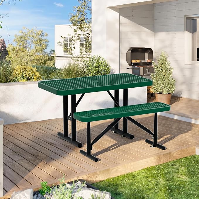 4FT Picnic Tables for Outdoors, Green Rectangular Heavy Duty Commercial Picnic Table with Umbrella Hole,Weather-Resistant Camping Table Dining Table for Backyard, Patio, Garden, Shops, Parks