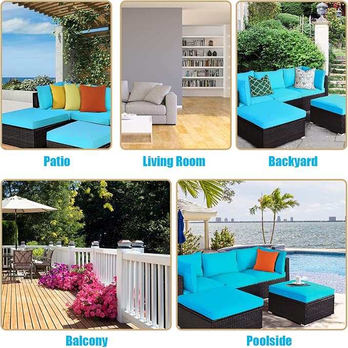 DORTALA 5 Pieces Patio Rattan Furniture Sets, Sectional Sofa Conversation Set w/Steel Frame & Sponge Cushions, Modern Wicker Combination Sofa Set w/Ottoman & Table for Garden Lawn Balcony, Turquoise