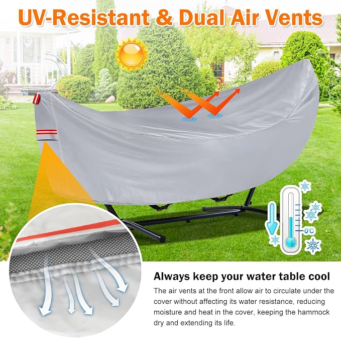 Waterproof 11-12 Hammock Cover, 210T Sun Rain UV Dust Snow Protection Outdoor Covers with Windproof Straps & Soft Cotton Lining for Hammock with 55 inch Spreader Bars -Silver