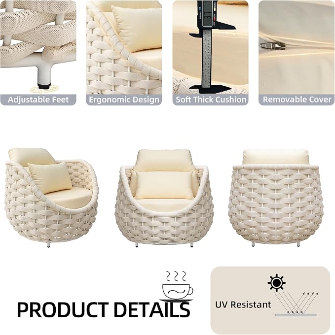 TWT 3 Pieces Aluminum Patio Furniture Set, Hand Woven Polyester Rope Modern Outdoor Furniture w/Washable Cushion and Rock Slab Tabletop, Conversation Sofa Set for Livingroom Poolside Balcony (Beige)