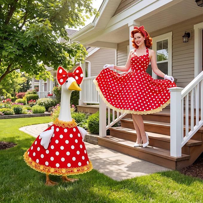 Porch Goose Outfit Vintage Polka Dot Goose Dress Retro Clothes with Bow Headpiece Costume for 23'' Gooses Statue Decoration Patio Yard Garden Lawn Outdoor Decors