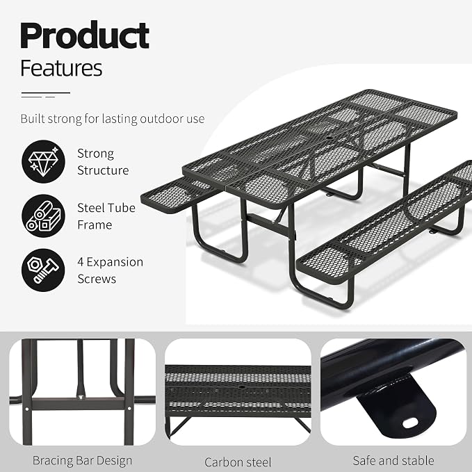 72" Outdoor Rectangular Picnic Table with Umbrella Hole, Heavy Duty Commercial Grade Steel Camping Table for Backyard Patio Deck, Weather-Resistant Black Metal Mesh