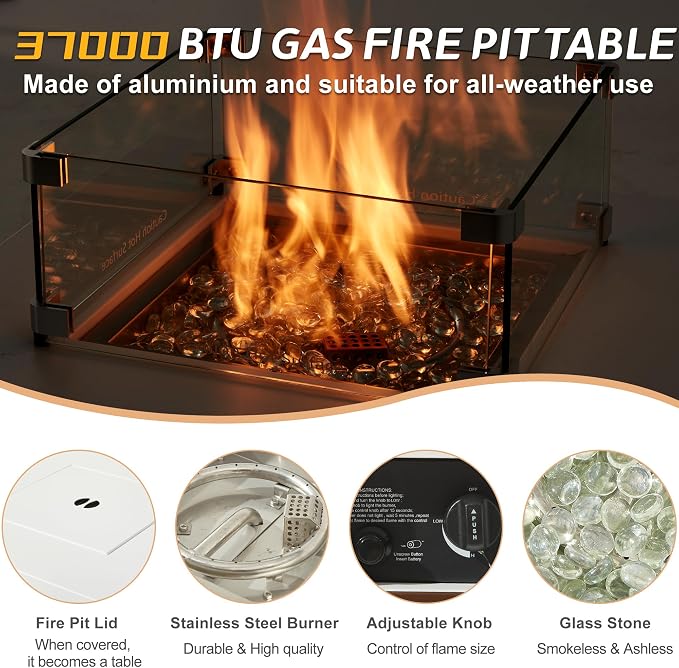 Aluminum Patio Furniture Set, 7-Piece Oversized Outdoor Conversation Set with Fire Pit Table & Coffee Table, All Weather Modern White Sofa for Deck, Garden, Poolside
