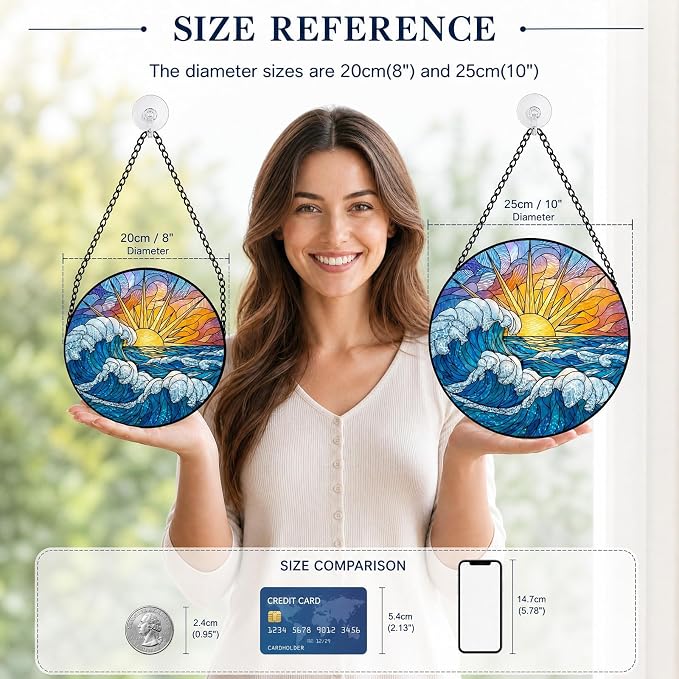 Statement Deluxe Bundle | Stained Glass Window Hanging, Ocean Sunrise 3D Embossed Diamond Glass Suncatcher, 7-Piece Coastal Gift Set with Crystal Pendant & Invisible Hooks