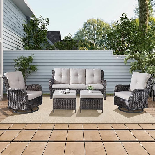 Rilyson 5 Piece Outdoor Patio Furniture Set - Rattan Wicker Patio Conversation Sets with 2 Swivel Rocker Chairs,2 Ottomans and 1 Sofa for Outside Porch Deck Backyard(Brown/Beige)